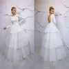 A Bohemian Beach Line Dresses Jewel Neck Long Sleeves Lace Satin Tiersed Tulle Backless Sweep Train Wedding Dress Bridal Gowns