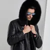 Męskie Długa Skórzana Kurtka Fox Fur Collar Rabbit Fur Coats Z Kapturem Grube Ciepłe Czarne Topy Odzieżowiec Płaszcz Śnieg Nosić DHL