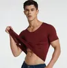 Zijdeachtige zeegachtige naadloze korte mouw v-neck t-shirts mode blanke tees zomer snel droge man mannelijke onderhemden eenvoudige snijbasis t-shirts groothandel