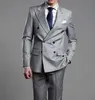 Açık Gri Damat Smokin Kruvaze Erkekler Düğün Smokin Tepe Yaka Ceket Blazer Moda Erkekler Yemeği / Darty Suit (Ceket + Pantolon + Kravat) 1118