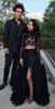 2019 neue zweiteilige Abendkleider, sexy Vorder-Split-Abschlussballkleider mit langen Ärmeln, Spitze, Tüll, formelle Promi-Kleidung, schwarzer Mädchen-Paar-Tag