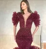 Dubai Arabische zeemeermin avondjurken lange kralen pailletten halve mouwen plus size prom jurk ruche robe de soiree donkerrode formele feestjurken