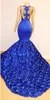 Sexy azul real sereia vestidos de baile sheer pescoço sem mangas rendas apliques frisado rosa flores vestido de noite festa pageant formal g3843470