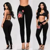 Stretch Embroidered Jeans For Woman Elastic Flower Jeans Female Slim Denim Pants Hole Ripped Rose Pattern Pantalon Femme