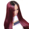 24inch Fashion Long Silky Straight Wig Synthetic Ombre Black to Burgundy Red Heat Resistant Lace Front Wig for Black Women Kanekalon Hair
