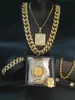 Mäns Golden Watch Hip Hop Men Halsband Klocka + Halsband + Armband Ring Combo Set Iced Outed Cuban Golden Smycken Set