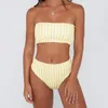 Plavky 2020 Retro Sexig Gul Striped Strapless Bandeau Biquini Cut High Waist Simma Baddräkt Baddräkt Swimwear Women Bikini