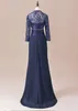 Navy Blue Lace Chiffon 2019 Moeder van de Bruid Jurken met Jas Kralen Gedrapeerde Vloerlengte Elegante Formele Avondjurk Moeder van Bruid