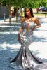 Sexy See Through Mermaid Prom Dresses 2k19 Sheer Neck Lace Appliques Long Sleeves Evening Gowns Gray Color Satin Sweep Train Party Dress