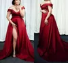 Nowe tanie seksowne ciemnoczerwone suknie balowe sukienki na studniowe sukienki satynowe na ramionach podzielony na przemiat pociąg formalny sukienka na imprezę w zakresie rozmiarów wieczorowe suknie