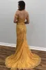 Gold Mermaid Evening Dresses Off-Shoulder Spets Tappade golvlängd Promklänningar 2019 Celebrity Party Formal Wear Custom Made Made