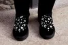 Tjej vinter svart bling rhinestone embellished stor räv svans päls över knä snö stövlar kvinnor botas plysch inuti lår höga stövlar