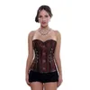 Kvinnor vintage steampunk gothic pu läderpaneler jacquard överbust korsett topp med kedjor och knappar accent s-6xl plus size brown194s