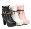 Plus size 32 33 34 to 40 41 42 43 44 sweet flounce platform thick heel ankle booties designer boots pink white black