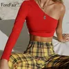 Forefair Off Shoulder Crop Tops Sexy Long Sleeve Short T Shirt Single Sleeve Club Streetwear Black White Cropped Shirt Women