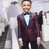 Boys Handsome Formal Wear 2 Pieces Burgundy Floral Pattern Kids Formal Wear Black Lapel With Black Pants