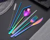 Roestvrij staal Kleurrijke bestek Set Rainbow Plated Servies Creative Diner Set Herbruikbare Fork Mes Chopsticks Pouch