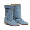 Plus Size US 4-12 2019 Mode Kvinnor Cowboy Boots Ny Style Western Casual Half Sexy Low Heels Solid Blue Slip-On Denim Boots Partihandel