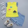 2019 소년과 소녀를위한 조끼와 반바지 두 조각과 함께 시원하고 상쾌한 스타일의 여름 면화 라운드 칼라 bowknot 하우스 패턴