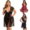 Babydoll de malla de encaje festoneado con parte delantera abierta para mujer con tanga y cinturón Black Maroon Plus Size S-4XL Ropa de dormir sexy de San Valentín