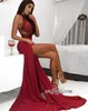 Sexig hög nacke burgundy prom klänningar sida splittrar en linje applikationer topp chiffong sexig backless långa vestidos kvällsklänningar bc0909