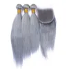 Pure Grey Hair Weave 3 Bündel mit 4x4 Spitze Top Verschlussstück 4 stücke Lot Heißer Verkauf Splitter Grau Seidige Seidige Gerade Jungfrau Menschliche Haarverlängerungen