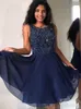 Navy Blue Homecoming Dresses Chiffon Beaded Short Mini Straps Sleeves Tail Party Formal Wear Graduation Evening Gowns Custom Made