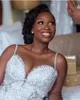 African Plus Size Mermaid Wedding Dresses Spaghetti Lace Appliqued Pearls Beads Sheer Country Custom Made Beach Bridal Gowns