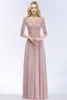 Ny designer Blush Pink Long Prom Klänningar med halv ärmar Beaded Appliqued billiga Party Chowns