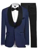 Tuxedos de marié à motif bleu marine, châle à revers en velours noir, costumes de mariage pour meilleur homme (veste + pantalon + gilet + cravate) L240
