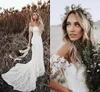 New Country Style Sexy Beach Mermaid Wedding Dresses Full Lace Applique Off Shoulder Short Sleeves Bohemian Wedding Dress Bridal Gowns