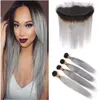 Ombre Silver Grey Human Hair Bundles with frontal # 1B Gray Ombre Brazylijski Proste Weaves Virgin Hair 4 z zamknięciem koronki z przodu