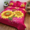 100 Bomull 4 st Vacker 3d Rosa Blomma Solros Gul Bedding Set Queen Full Goose Duvet Cover Flat Sheet och Pillowcases