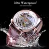 ForSining Brown äkta Leather Fashion Royal Luxury Rose Golden Transparent Skeleton Men Automatiska mekaniska klockor Topp Brand302e