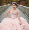 Rose luxueux perles cristaux Quinceanera robes de bal Sexy Spaghetti niveaux Organza robe de bal soirée douce 16 robe SY21