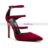 Hot Sale-Famous Ladies Women Prom Open Shoes Pumps Sexig Grunt Månad Suede Bourgogne Pointed Stiletto Straps High Heels