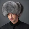 Chapeau en vraie fourrure de renard et cuir véritable pour hommes, couvre-oreilles de Ski russe Ushanka, chaud d'hiver, aviateur, trappeur, bombardier, Cap9665269