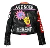 Women's Pu Leather Jackets Graffiti Skull Print Punk Motorcycle Biker Badge Zip Rivet Contrast Color Woman's Coats Waist Outerwear YK004