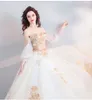 2019 New Gold Lace Ball Gown Wedding Dress Short Sleeves off the Shoulder Dubai Arabic Women Princess Non White Bridal Gowns Cheap