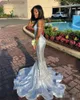 Sparkly Silver Sequins Prom Dresses Mermaid Deep V Neck Spaghetti Straps Sweep Train Black Girl Evening Party Gown Formal Occasion Wear