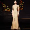 High Neck Front Slit Champagne Evening Dresses Robe Longue Luxury Crystal Sexy Mermaid Prom Dresses