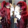 Parte Free Part 360 Frontal Long Body Wave Nero Ombre Borgogna Burgundy Red Brasilian Parrucche di pizzo sintetico Front per le donne