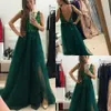 Emerald Green Bright Sequins Prom Klänningar Sexig V Neck Full Längd Tulle Moss Födelsedag Formell Kväll Party Gowns Low Backless Glitter ED1339