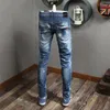 Italy Europe and America Blue Stretch Jeans Men Spring and Autumn Hole Old Beggar Patch Youth Slim Small Straight Tube
