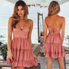 Solid Color Peplum Dress V Neck Backless Strappy Dresses Back Lace Bow Pleated Skirt Women Clothes Fashion Valentine Gift