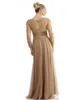 Custom Made New Design Fashion Gold Mother Of The Bride Dresses Chiffon Crew Long Sleeve Floor Length Evening Dress