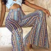 2018 Женщины Striped Напечатанные Новые Брюки Boho Flaring Брюки Высокая Эластичная талия Урожай Мягкий Этнические Стиль Белл Нижний Хиппи Брюки V191019