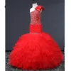 2021 Ruffles Mermaid Glitz Pageant Dresses 한 어깨 깃털 활 페르시 장식 조각 꽃 소녀 드레스 특별 행사 드레스 십대들