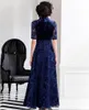 Vintage Mother of the Bride Dresses Royal Blue Lace Half Sleeve Appliques Evening Gowns with Sequins Beads Mothers Formal Dresses