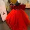 Red Quinceanera -jurken van de schouderruffels kralen pailletten baljurk tule korset terug op maat gemaakte prom sweet 16 plus maat